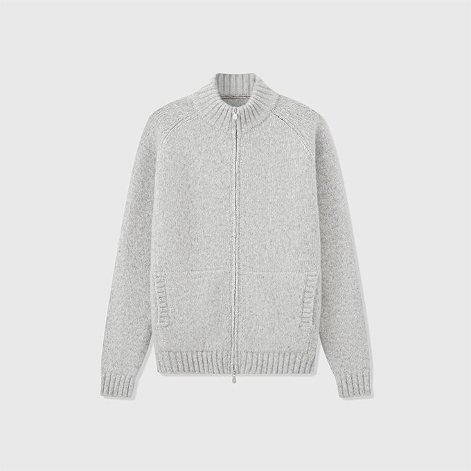 brunello cucinelli wool cotton blend stand collar full zip chunky knit cardigan